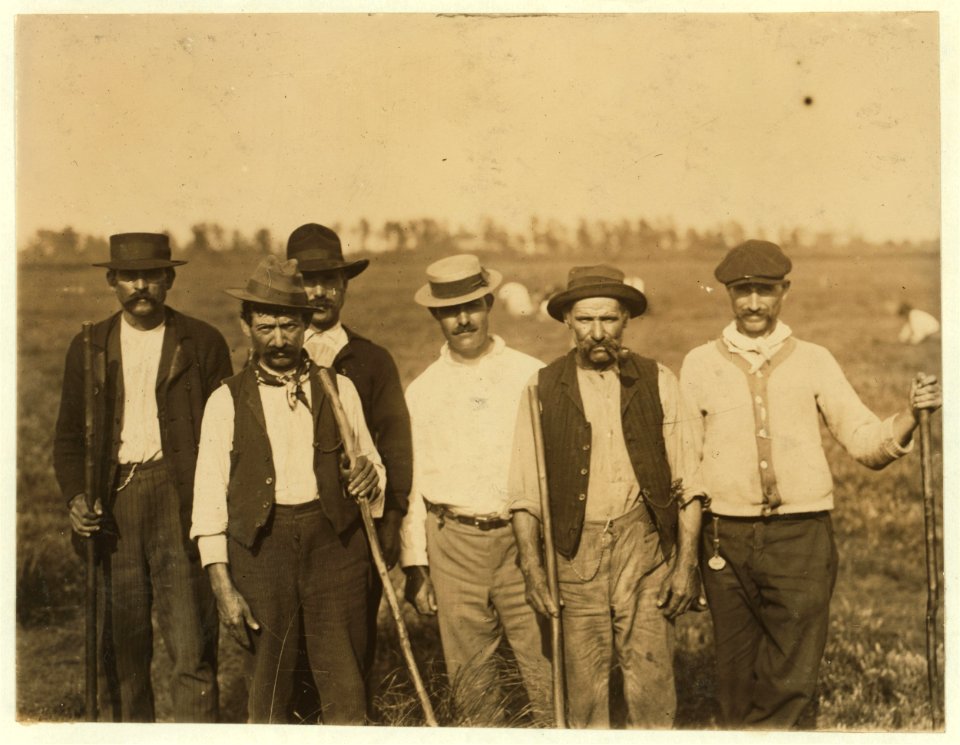 Some of the padrones on Whites Bog, Browns Hills (i.e., Mills), N.J. The chief padrone (in straw hat) is Gus Denato (see report of E.F. Brown). Sept. 28, 1910. Witness, E.F. Brown. LOC nclc.05306