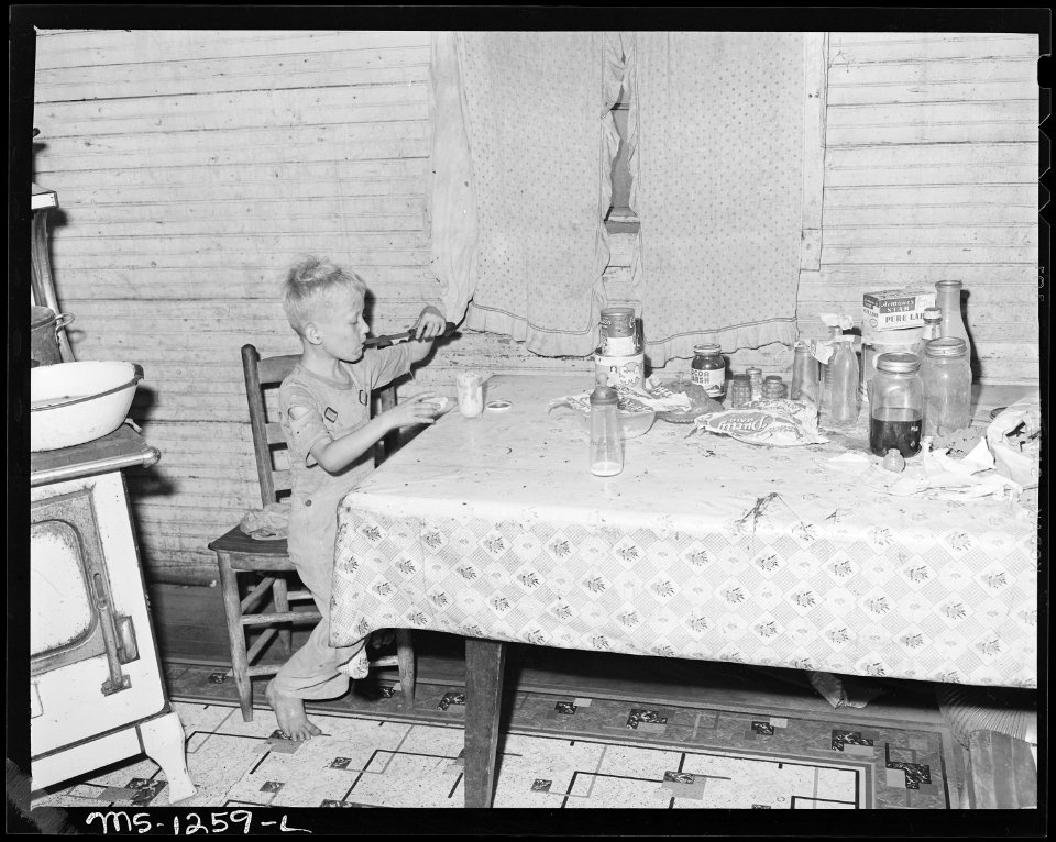Son of Walter Rose, miner, in kitchen of his three room house, rental $7 monthly. He's eight years old and in the... - NARA - 540758