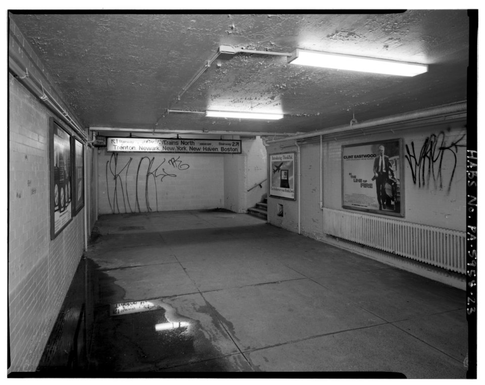 South view; interior of main passenger tunnel - North Philadelphia Station