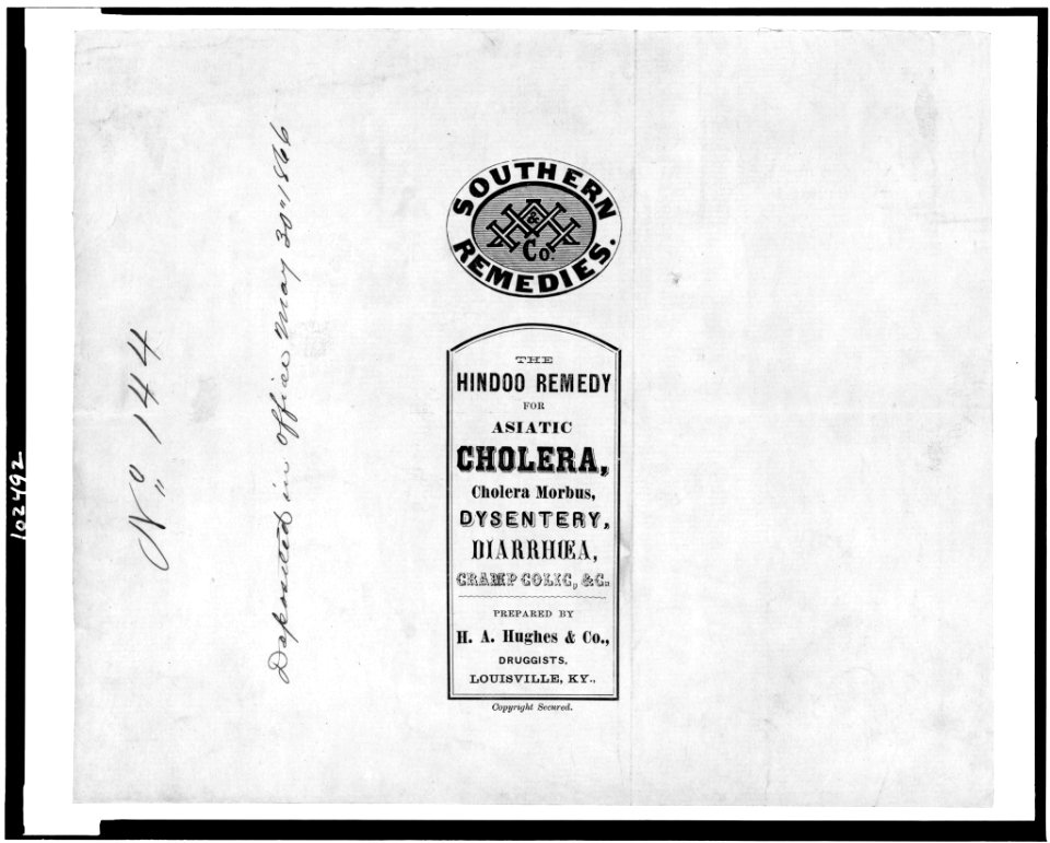 Southern remedies. HAH & Co. (device). The Hindoo remedy for asiatic cholera, cholera morbus, dysentery, diarrhea, cramp colic, etc. Prepared by H.A. Hughes & Co., druggists, Louisville, Ky. LCCN91720078