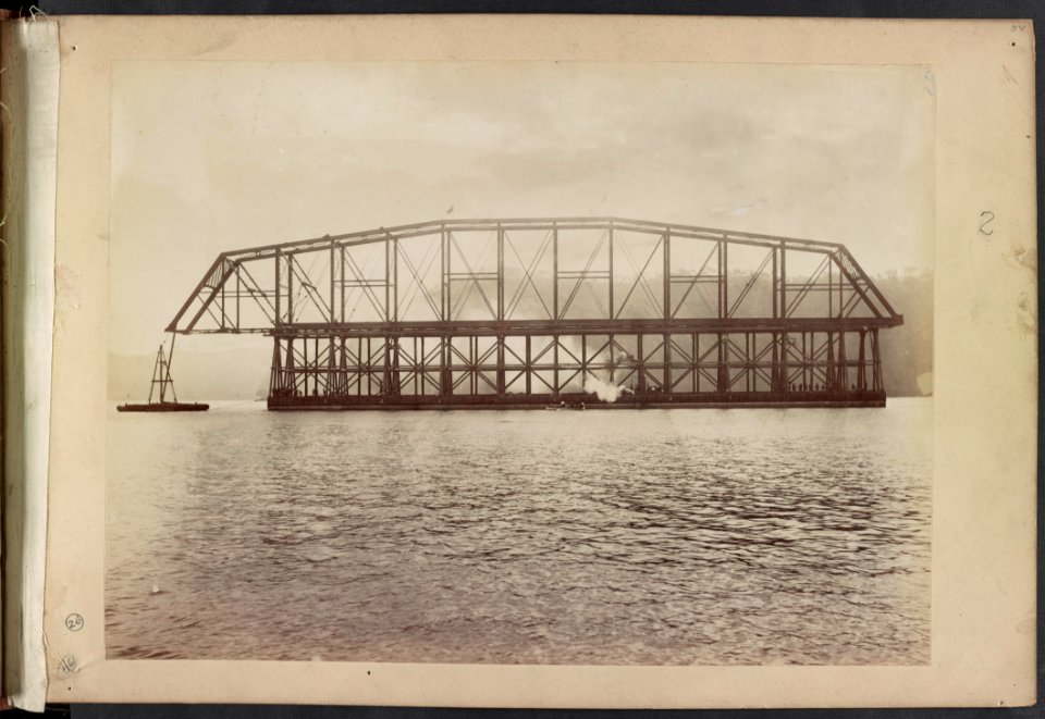 Span number 5 of Hawkesbury River Railway Bridge, New South Wales, Australia, atop timber framework on pontoon, moves towards piers) - C. Bayliss photo, Sydney LCCN2016651663