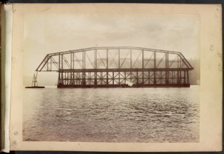 Span number 5 of Hawkesbury River Railway Bridge, New South Wales, Australia, atop timber framework on pontoon, moves towards piers) - C. Bayliss photo, Sydney LCCN2016651663