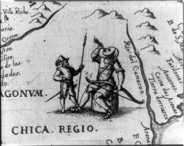 Spanish soldier standing beside huge seated Patagonian Indian holding bow and arrow LCCN2006691880