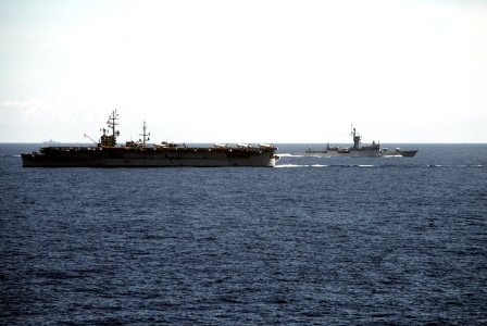 Spanish ships Dedalo (R-01) and Baleares (F-71) during Ocean Venture 81