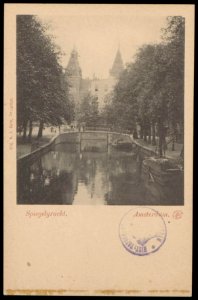 Spiegelgracht gezien naar Lijnbaansgracht. Op de achtergrond het Rijksmuseum. Uitgave N.J. Boon, Amsterdam