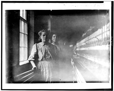 Spinners and doffers in the Interlaken Mill, Arkwright, R. I. Girl in front, Amelia, is a spooler. Small Mill. LOC cph.3c05999