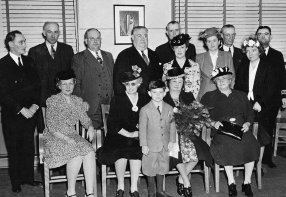 Sponsor's party at the launching ceremony of USS Walsh (APD-111), 28 April 1945 (NH 74682)
