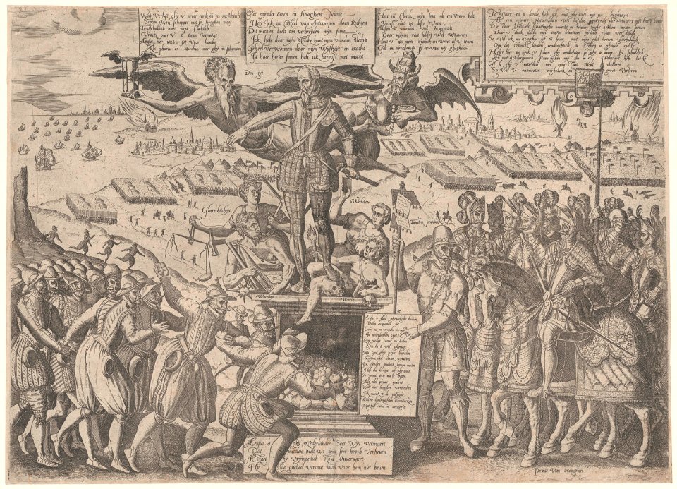Spotprent op het standbeeld van Alva II