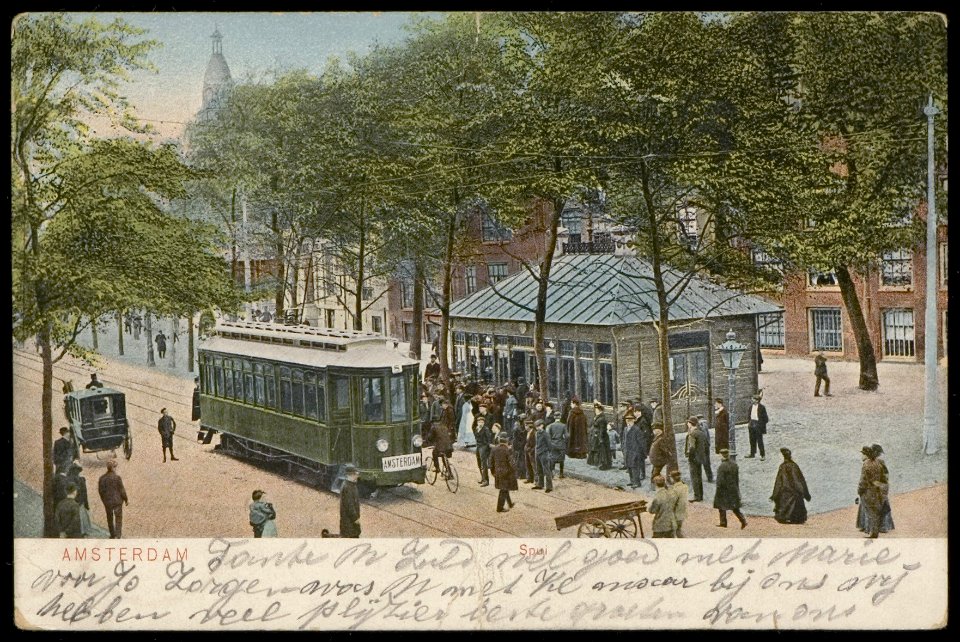 Spui met het eindpunt van de tram tussen Amsterdam en Haarlem. Uitgave Dr. Trenkler Co. Den Haag, Afb PBKD00354000002