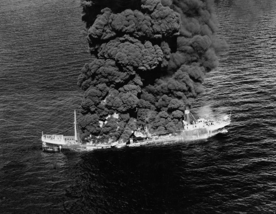 SS Potrero Del Llano burns after being torpedoed