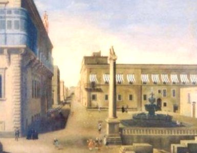 St George Square, Valletta, with Wignacourt fountain and Verdala column. 18th century painting