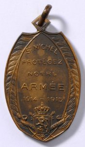 St Michel Protégez Notre Armée 1914-1915, medal by Jacques Marin (1877-1950), Belgium, 1915, Coins and Medals Department of the Royal Library of Belgium, 2Lef 21 - 18 (verso)