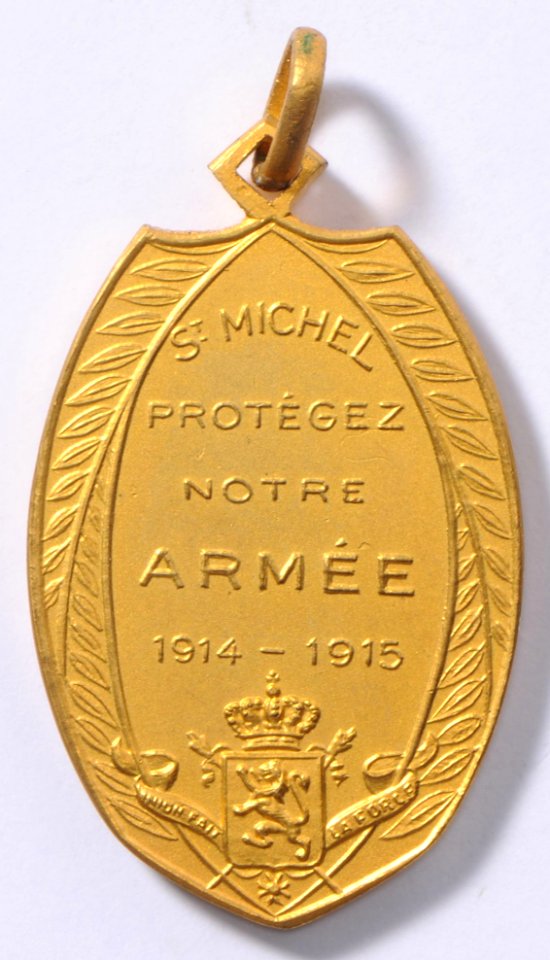 St Michel Protégez Notre Armée 1914-1915, medal by Jacques Marin (1877-1950), Belgium, 1915, Coins and Medals Department of the Royal Library of Belgium, 2Lef 21 - 16 (verso)