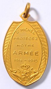 St Michel Protégez Notre Armée 1914-1915, medal by Jacques Marin (1877-1950), Belgium, 1915, Coins and Medals Department of the Royal Library of Belgium, 2Lef 21 - 16 (verso)