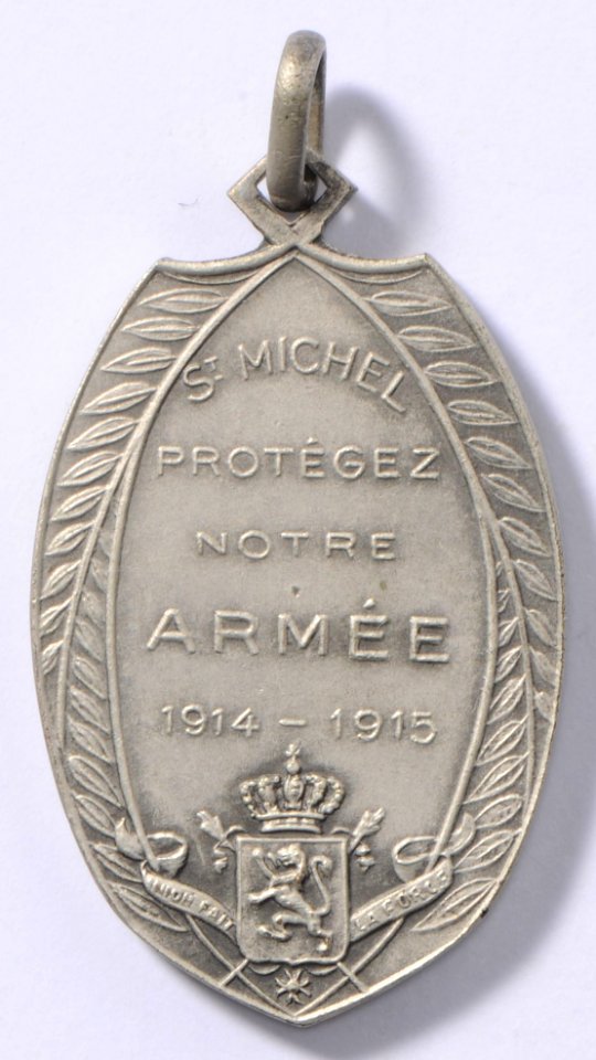 St Michel Protégez Notre Armée 1914-1915, medal by Jacques Marin (1877-1950), Belgium, 1915, Coins and Medals Department of the Royal Library of Belgium, 2Lef 21 - 17 (verso)