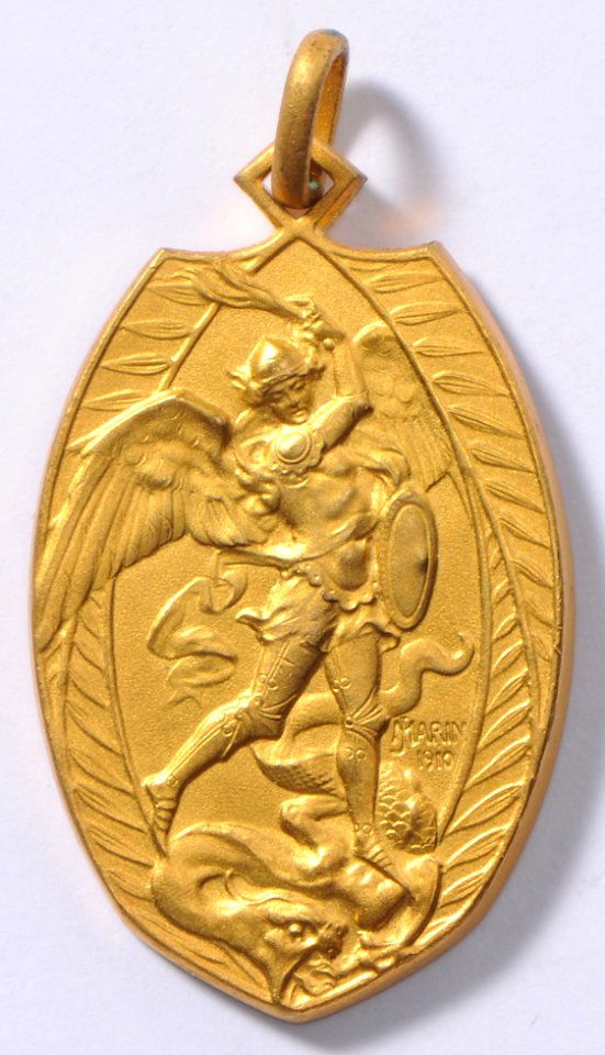 St Michel Protégez Notre Armée 1914-1915, medal by Jacques Marin (1877-1950), Belgium, 1915, Coins and Medals Department of the Royal Library of Belgium, 2Lef 21 - 16 (recto)