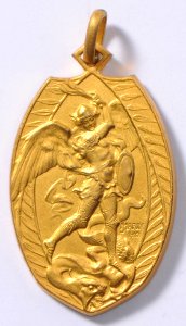 St Michel Protégez Notre Armée 1914-1915, medal by Jacques Marin (1877-1950), Belgium, 1915, Coins and Medals Department of the Royal Library of Belgium, 2Lef 21 - 16 (recto)