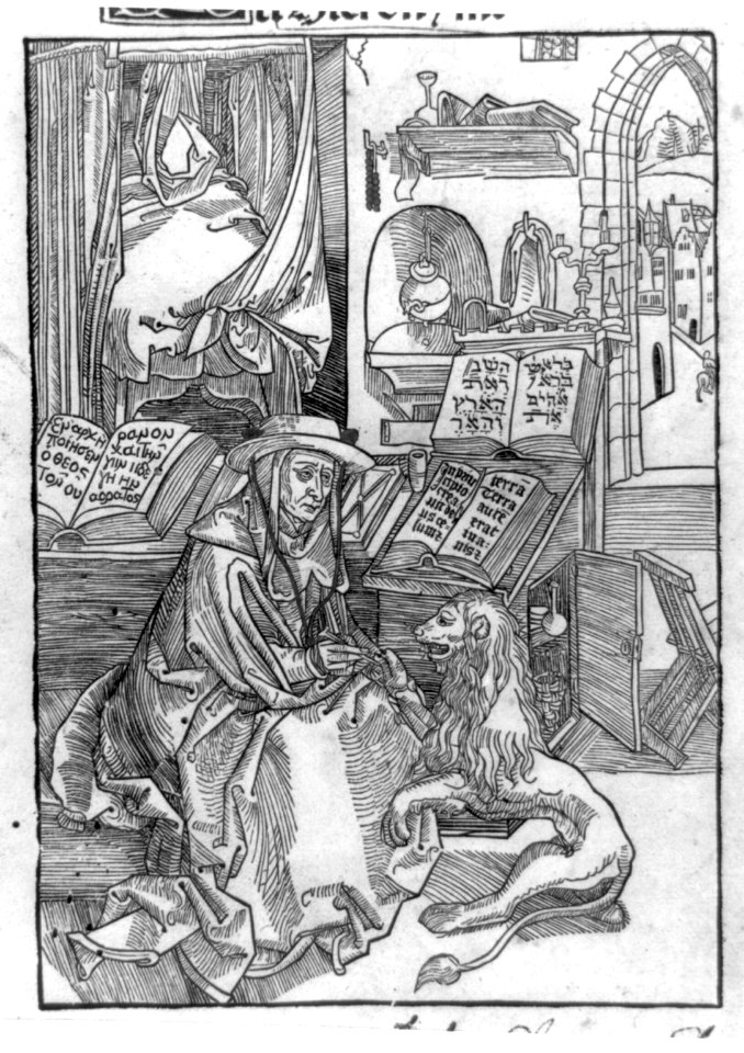 St. Jerome interrupting his work of translating the Hebrew and Greek texts of the Bible to remove a thorn from a lion's paw LCCN2002723345