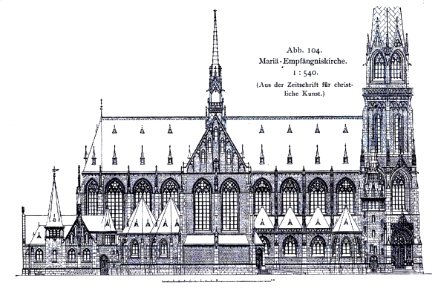 St. Mariä Empfängniskirche in Düsseldorf, 1894 bis 1896, Dombaumeister Ludwig Becker aus Mainz, Längenansicht