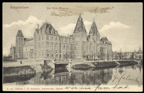 Stadhouderskade 42, Rijksmuseum met op de voorgrond de Singelgracht en links de Hobbemakade. Uitgave J.H. Schaefer, Amsterdam, Afb ANWU01762000002 photo