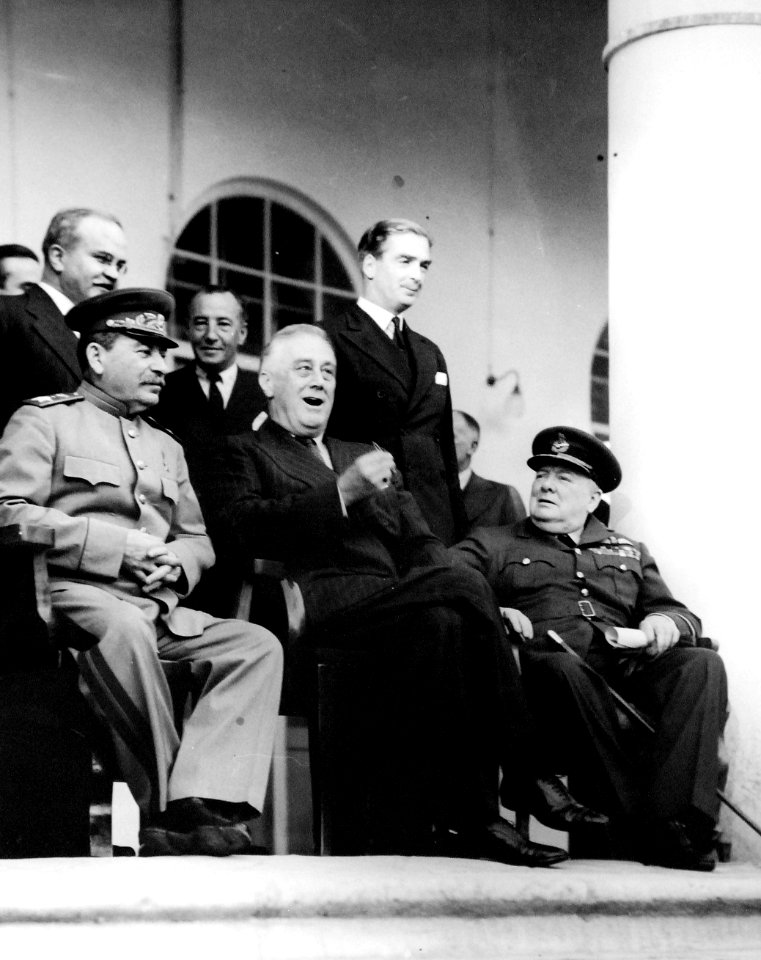 Stalin Roosevelt and Churchill at Tehran Conference, November 28-December 1, 1943 (24377431366)