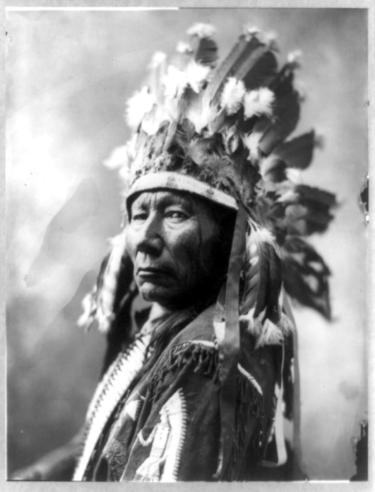 Stands Hard, head-and-shoulders portrait, facing left, in feather headress LCCN92508786