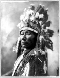 Stands Hard, head-and-shoulders portrait, facing left, in feather headress LCCN92508786