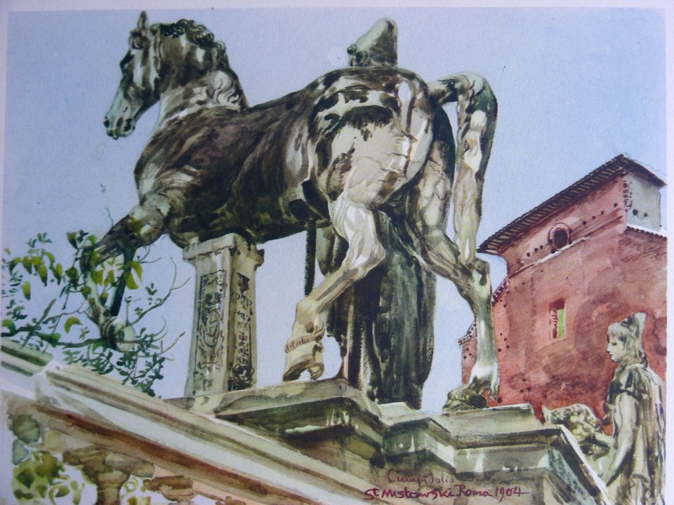 Stanisław Masłowski (1853-1926), The Horse statue in the entrance to Capitoline Hill, Rome,1904,watercolour, 32x43.5 cm