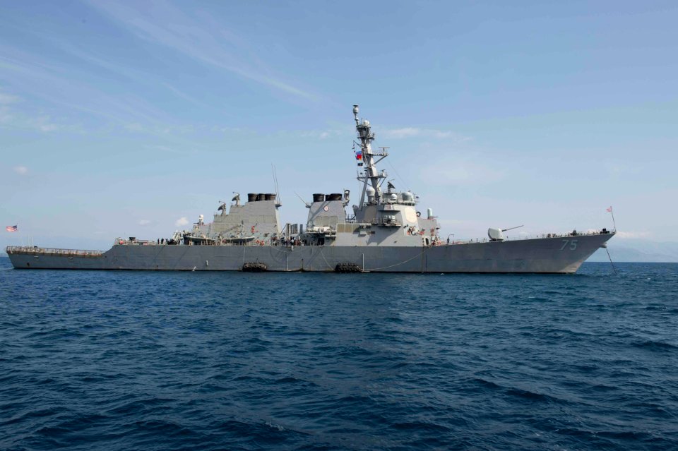 Starboard beam view of USS Donald Cook (DDG-75) anchored in Corfu 160321-N-TC721-268 