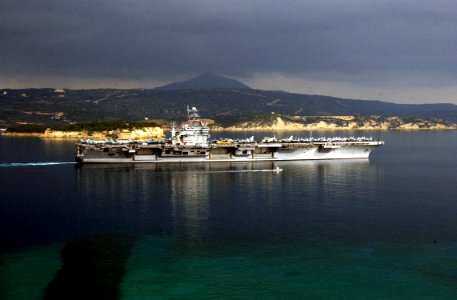 Starboard beam view of USS George Washington (CVN-73) departing Souda Bay 040210-N-0780F-048