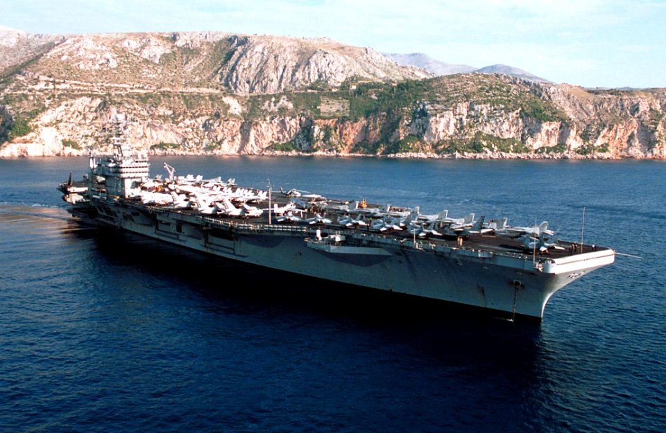 Starboard bow view of USS George Washington (CVN-73) anchored at Dubrovnik 2000 DN-SD-03-12690