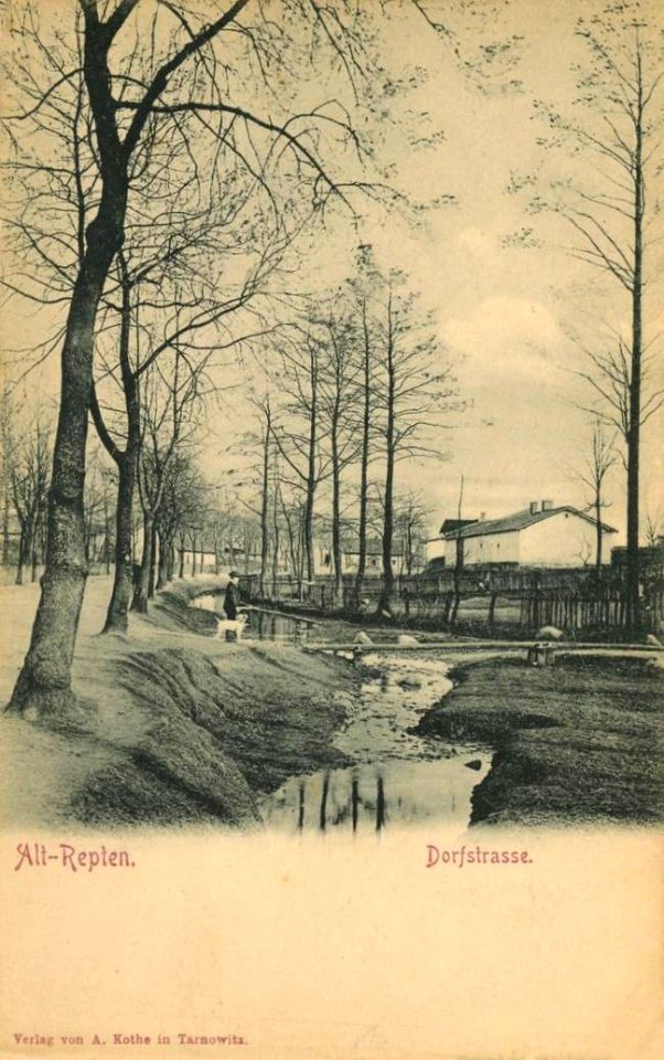 Stare Repty (Alt-Repten). Rzeka Drama przepływająca wzdłuż ul. Wiejskiej (Dorfstrasse). R. 1905. Verlag von A. Kothe in Tarnowitz