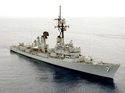 Starboard bow view of USS Henry B. Wilson (DDG-7), 1983