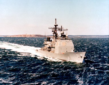 Starboard bow view of USS Monterey (CG-61) underway before commissioning 1990 DN-SC-90-08007 photo