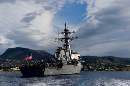 Starboard quarter stern view of USS Carney (DDG-64) anchored off Crete 160214-N-FP878-128