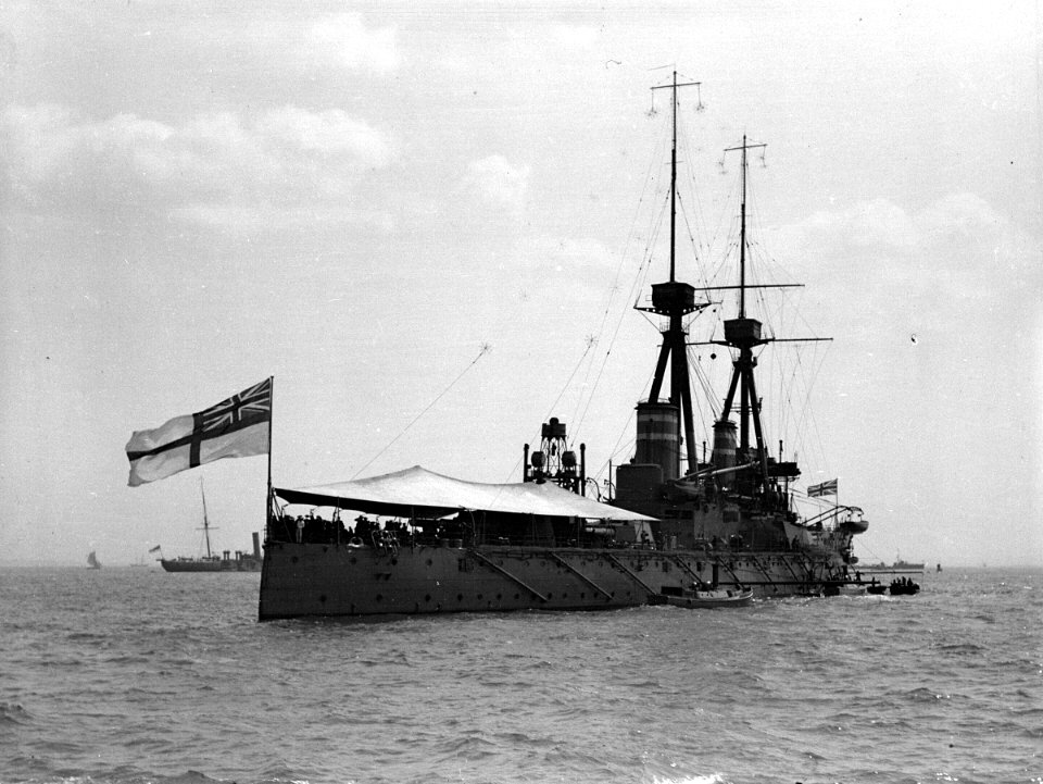 Starboard quarter view of HMS 'Temaraire' (1907) anchored at Southend. RMG P00026