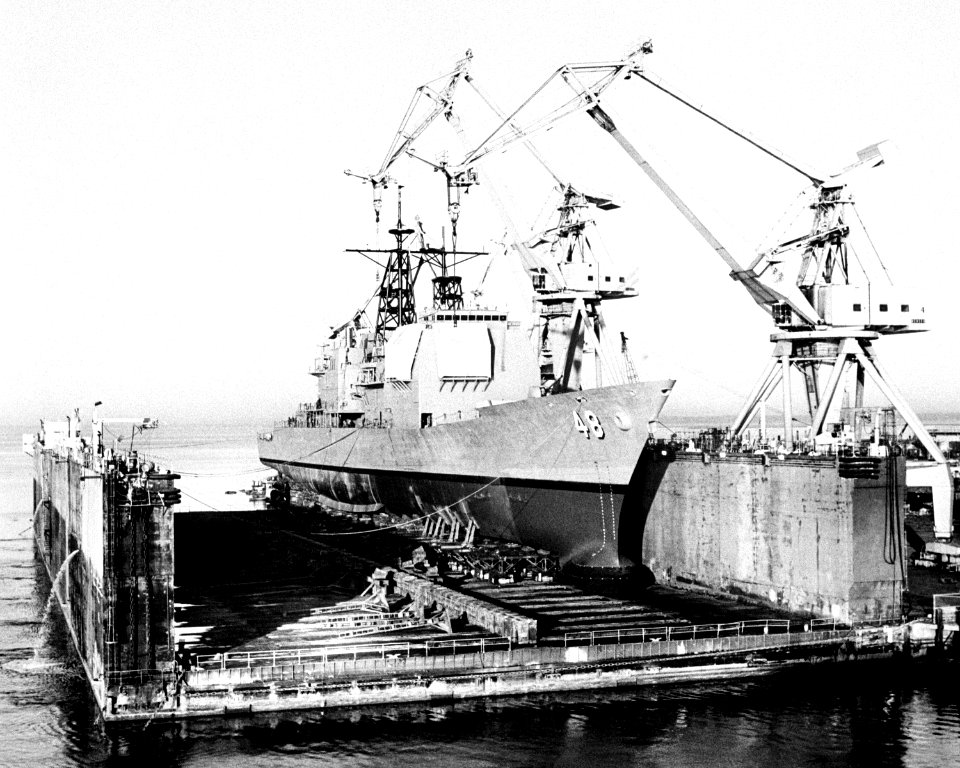 Starboard quarter view of USS Yorktown (CG-48) before launching 1983 DN-SN-83-09083