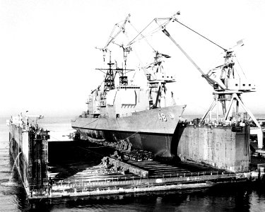 Starboard quarter view of USS Yorktown (CG-48) before launching 1983 DN-SN-83-09083