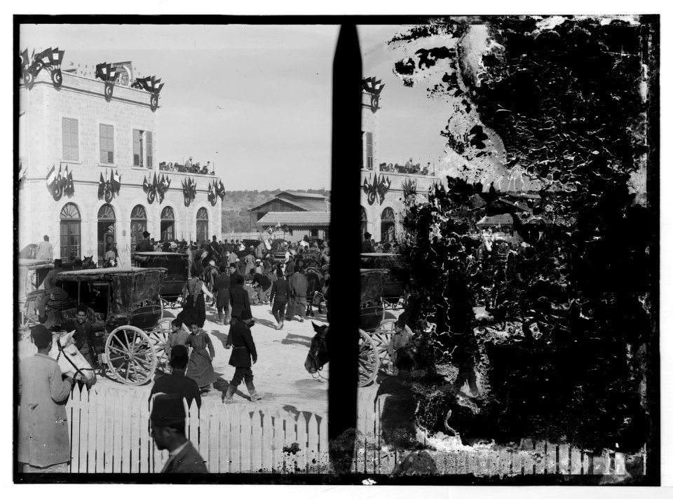 State visit to Jerusalem of Wilhelm II of Germany in 1898. Crowd at Jerusalem railroad station; (Another view of crowd at Jerusalem railroad station). LOC matpc.04578