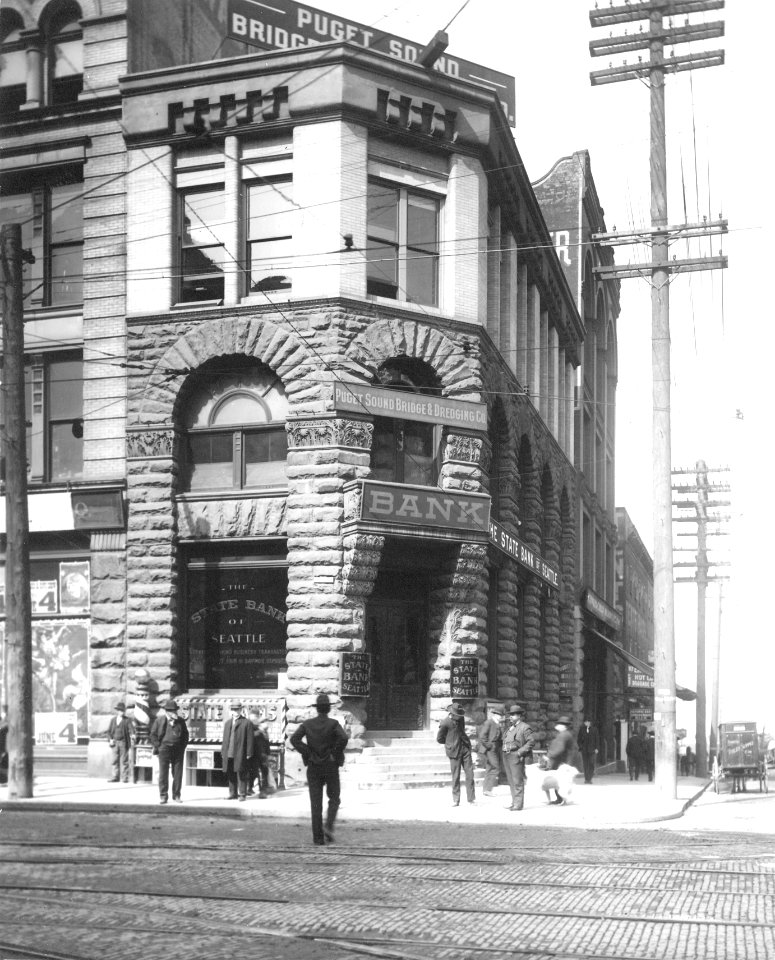 State Bank of Seattle, Bank of Commerce Building, Yesler Way and 1st Ave, Seattle, 1906 (CURTIS 2061)