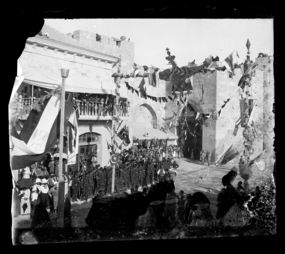 State visit to Jerusalem of Wilhelm II of Germany in 1898. Emperor reviewing Turkish honor guard; birds-eye view LOC matpc.21953