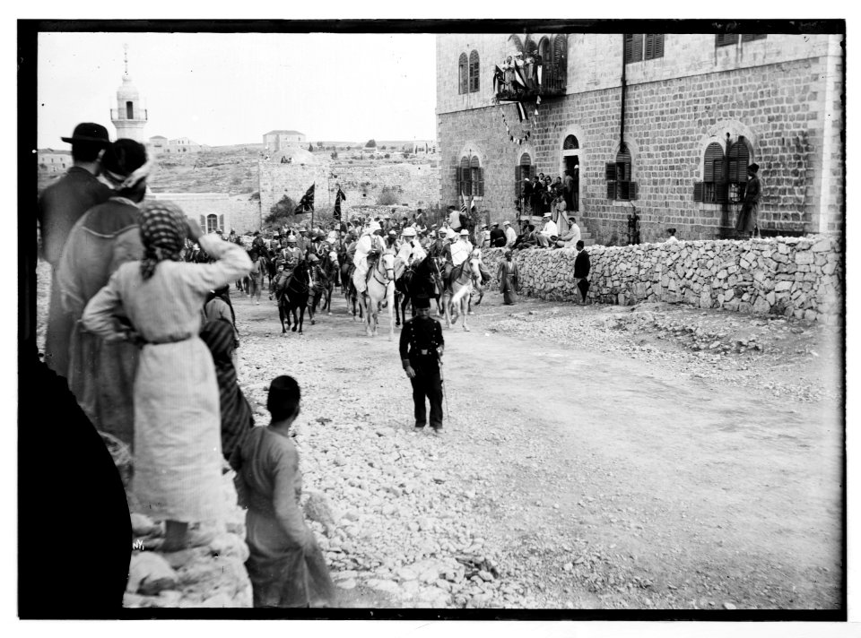 State visit to Jerusalem of Wilhelm II of Germany in 1898. Royal party entering Jerusalem from north, passing American Colony building. LOC matpc.04610