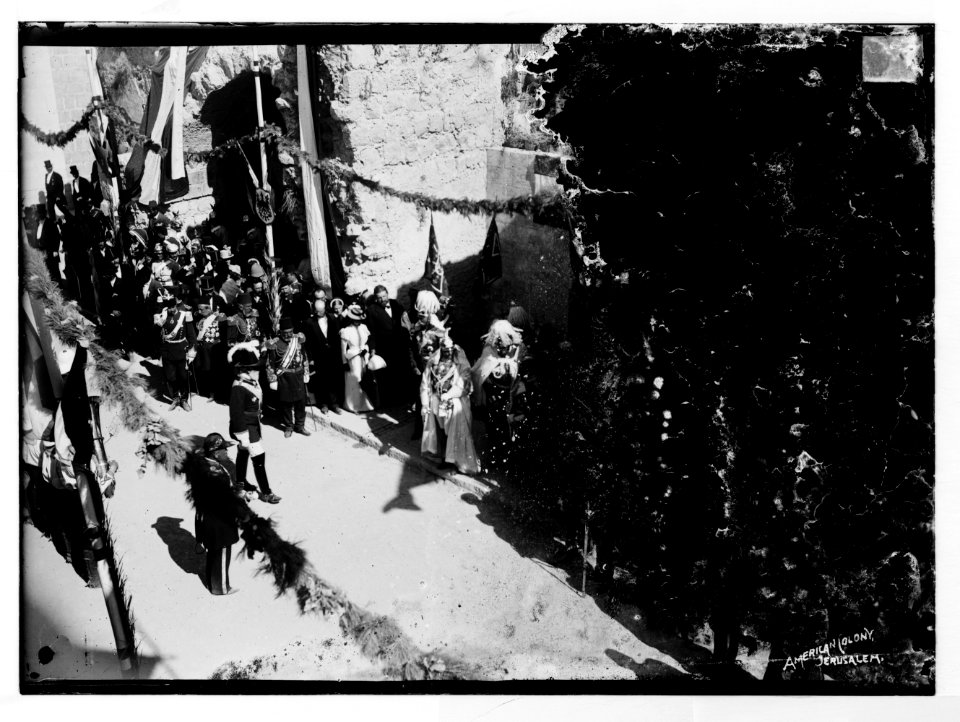 State visit to Jerusalem of Wilhelm II of Germany in 1898. Emperor and Empress walking in street procession. LOC matpc.04584