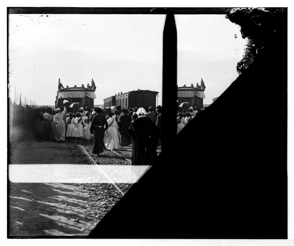 State visit to Jerusalem of Wilhelm II of Germany in 1898. Crowd at rear of train. LOC matpc.04580