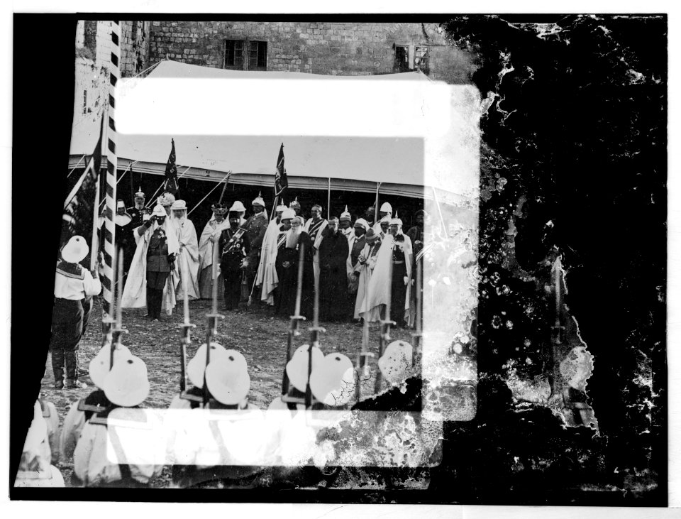 State visit to Jerusalem of Wilhelm II of Germany in 1898. Emperor and Empress with Turkish officer reviewing troops. LOC matpc.04603