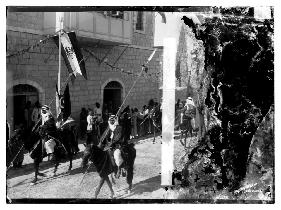 State visit to Jerusalem of Wilhelm II of Germany in 1898. Arab lancers in street procession. LOC matpc.04582