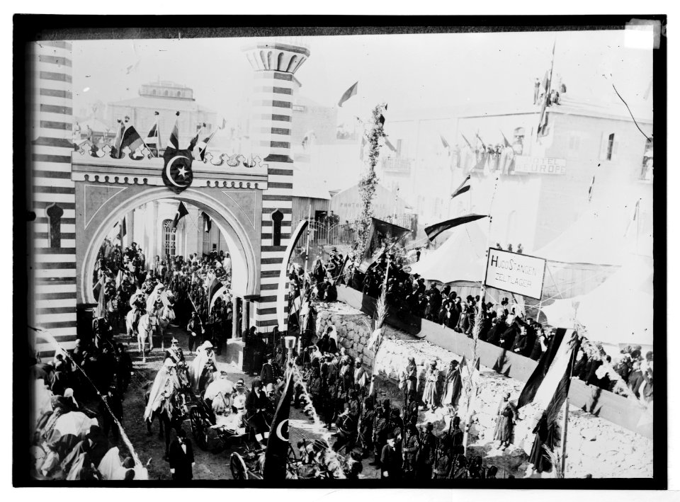 State visit to Jerusalem of Wilhelm II of Germany in 1898. Emperor passing through arch; Hotel D'Europe in background. LOC matpc.04613