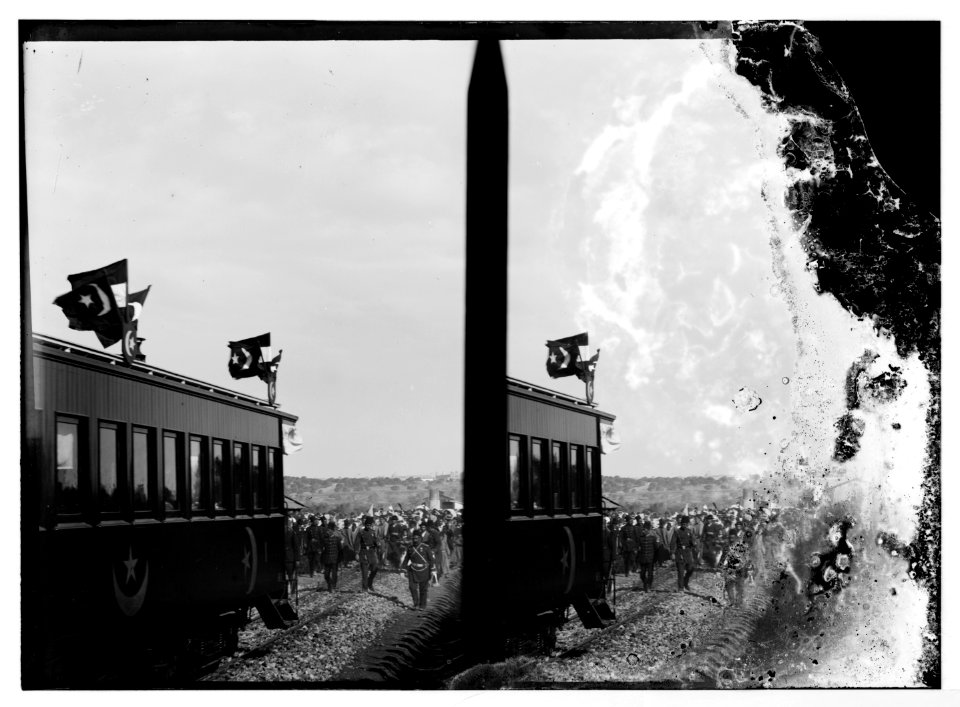 State visit to Jerusalem of Wilhelm II of Germany in 1898. Crowd at rear of train. LOC matpc.04579