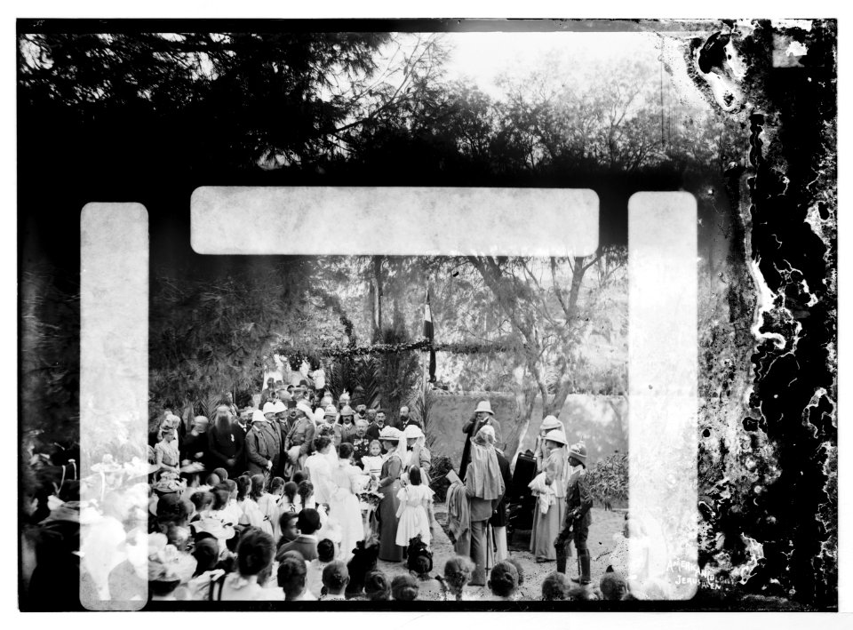 State visit to Jerusalem of Wilhelm II of Germany in 1898. Empress receiving gifts from schoolgirls at garden reception. LOC matpc.04614