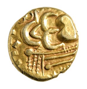 Stater van de Nerviërs in goud, 60 tot 50 VC, vindplaats- Vechmaal, Bornebeemden, collectie Gallo-Romeins Museum Tongeren, GRM 9273, 008